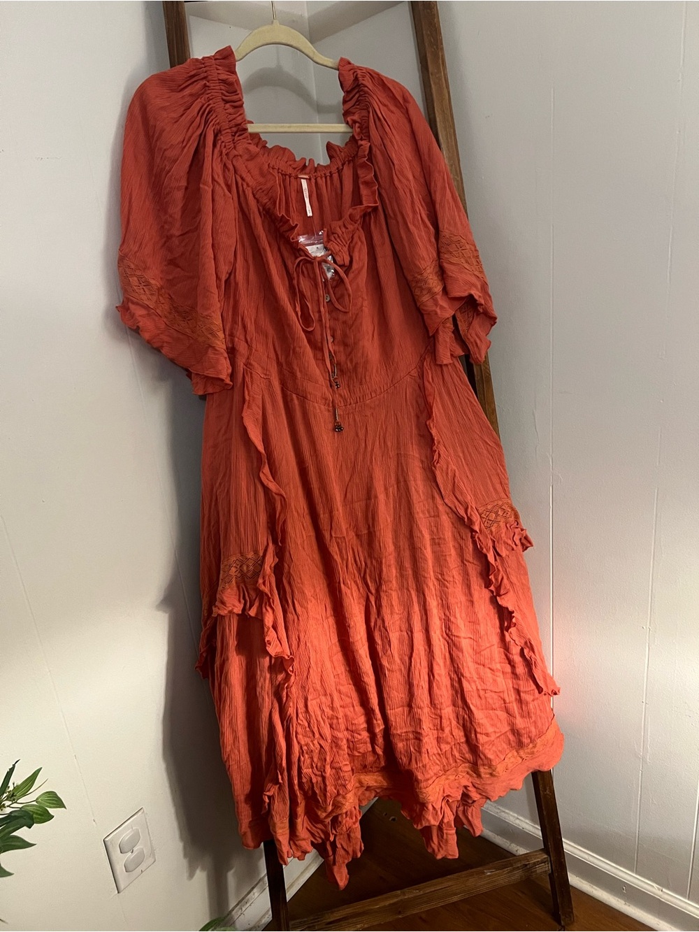 Boho Free People Ruffled Cotton Midi Dress - Rust Orange
